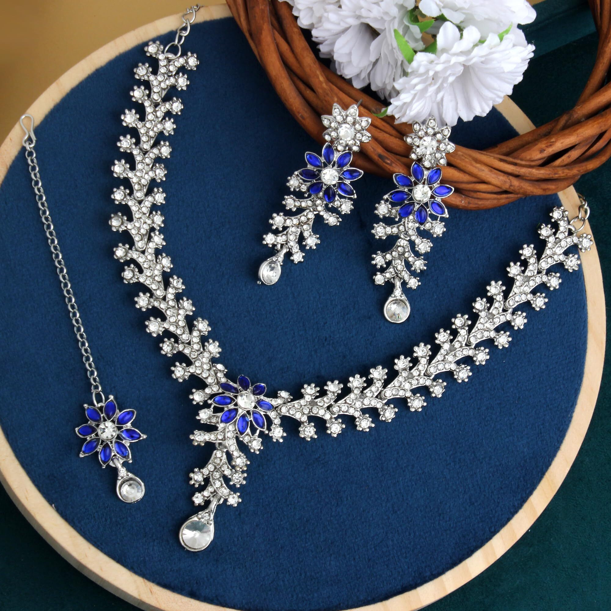 Atasi International Silver Tone Blue & White Crystals Rhodium Plated Alloy Choker Necklace Set For Women