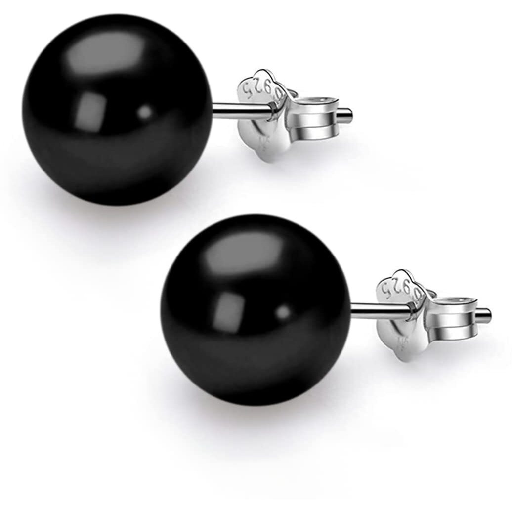 HIGHSPARK 925 Silver Classic Pearl Earrings for Women | 92.5 Sterling Silver & Brilliant Lustre Pearls | Lovely Gift for Women - Pearl Black 10mm