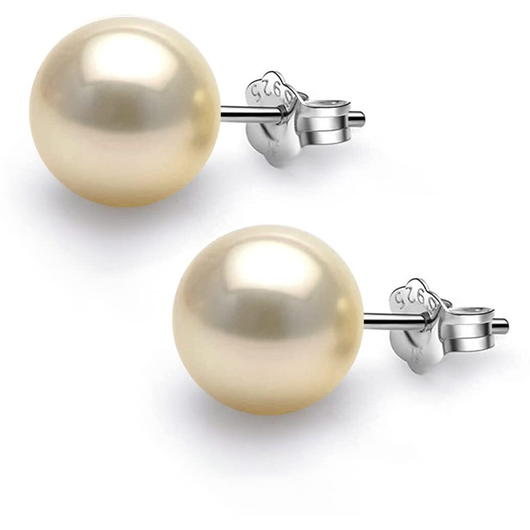 HIGHSPARK 925 Silver Classic Pearl Earrings for Women | 92.5 Sterling Silver & Brilliant Lustre Pearls | Lovely Gift for Women - Pearl Light Gold 10mm