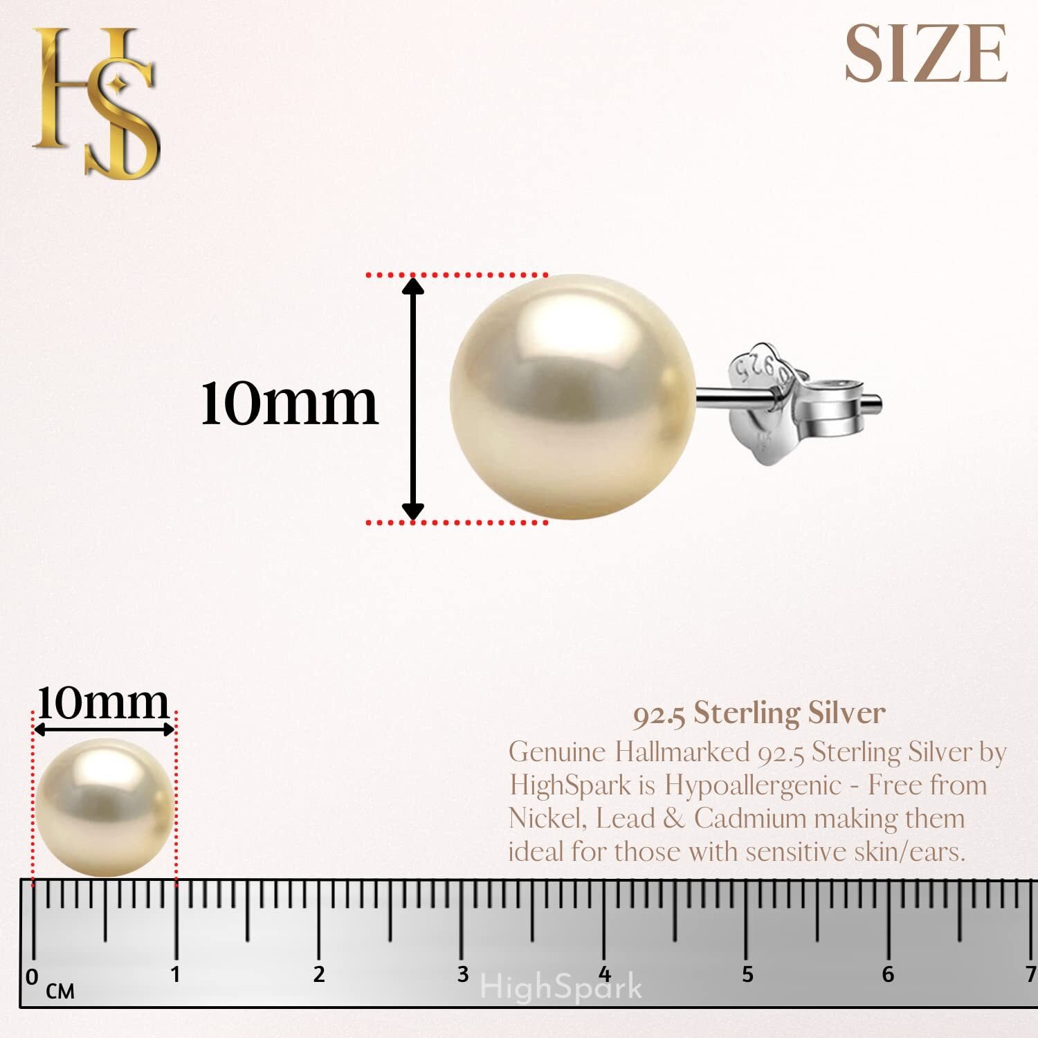 HIGHSPARK 925 Silver Classic Pearl Earrings for Women | 92.5 Sterling Silver & Brilliant Lustre Pearls | Lovely Gift for Women - Pearl Light Gold 10mm