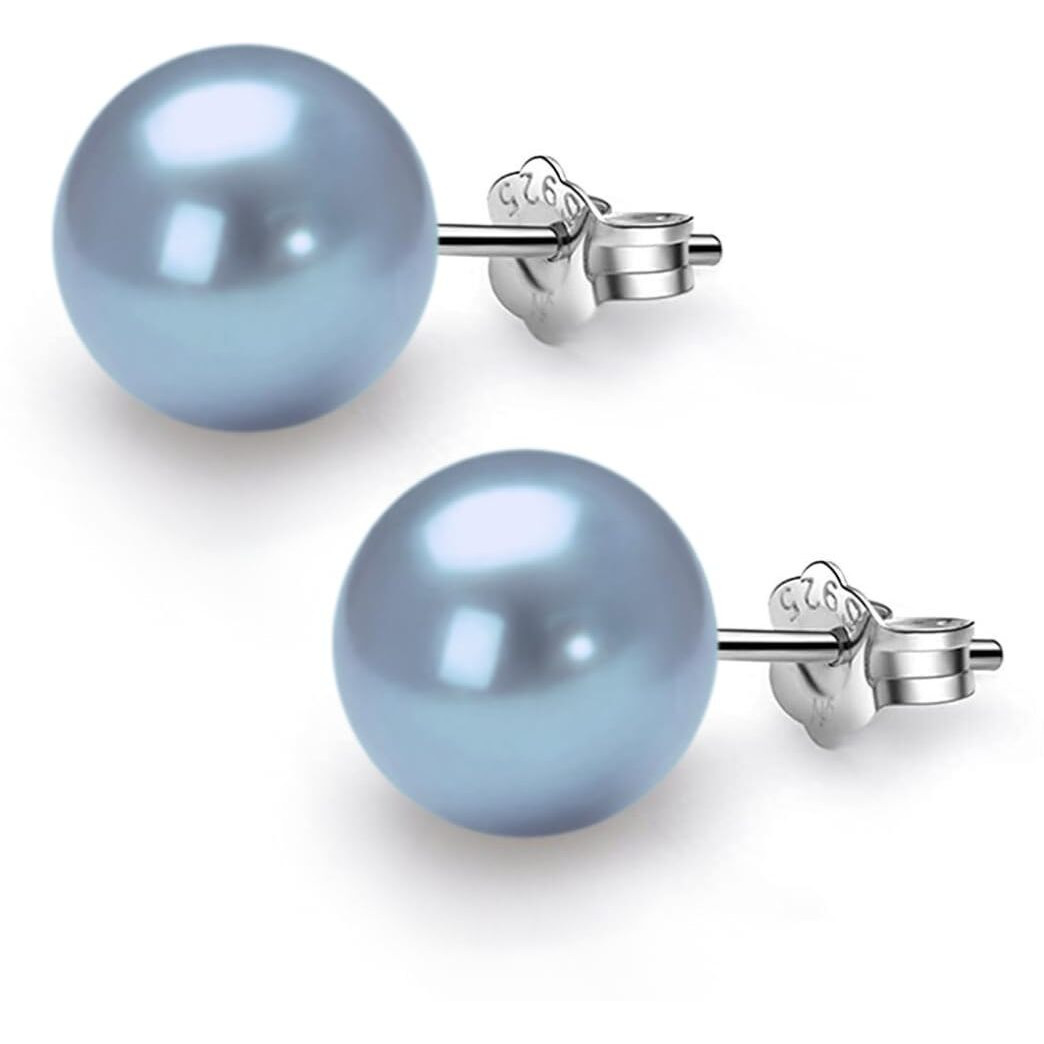 HIGHSPARK 925 Silver Classic Pearl Earrings for Women | 92.5 Sterling Silver & Brilliant Lustre Pearls | Lovely Gift for Women - Pearl Light Blue 10mm