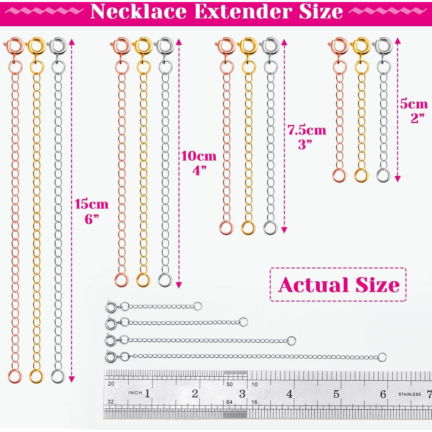 SANNIDHI Chain Extender for Jewellery Necklace Chain Extenders for Women and Girl Bracelet, Pendant Chain Extenders for Men & Boy Silver, Golden, Rose, (2, 3, 4, 6 inch) - 12 Pieces