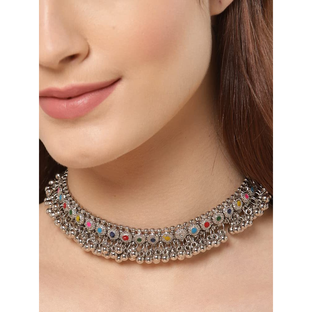 Shining Diva Fashion Latest Stylish Fancy Oxidised Silver Tribal Choker Necklace for Women & Girls (12301np), Multicolour, One Size