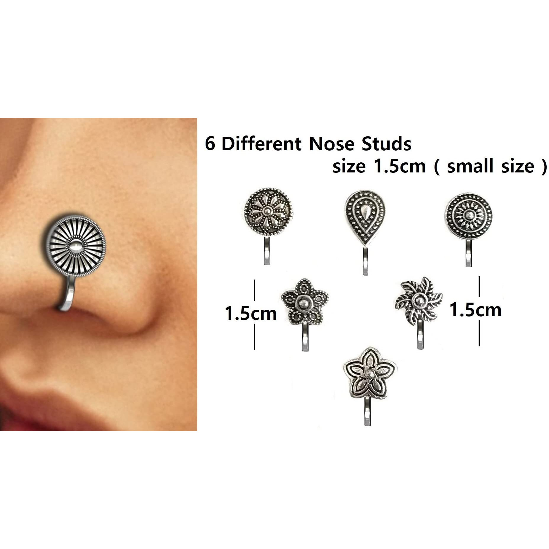 VAMA FASHIONS Without Piercing Nosering Pressing Type Clip on Oxidised Silver nose pin Stud for women (Pressing nose rings)