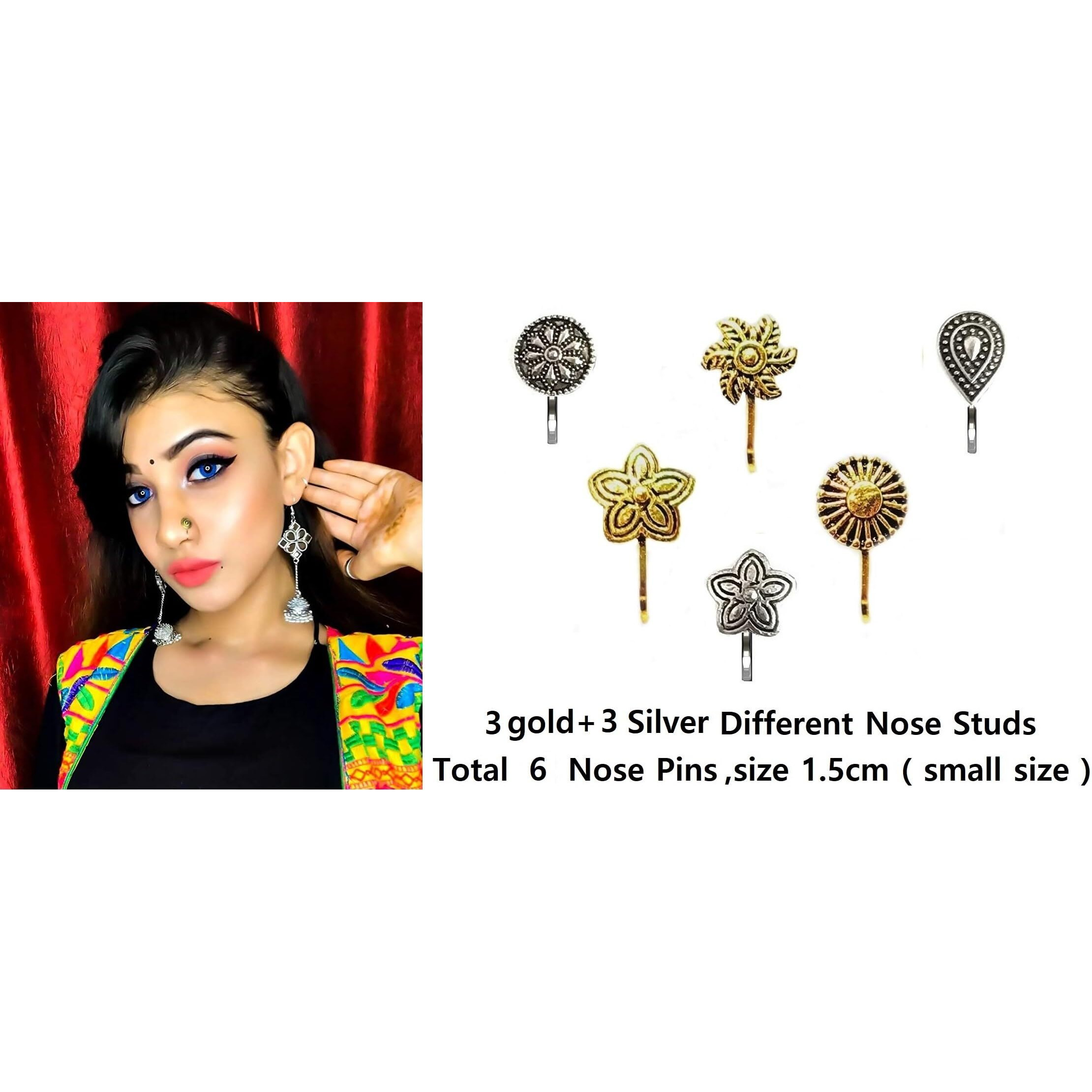 VAMA FASHIONS Without Piercing Nosering Pressing Type Clip on Oxidised Silver nose pin Stud for women (Nose pin oxidised)