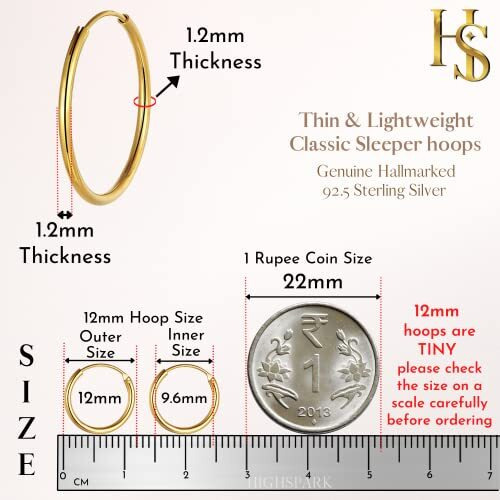 HIGHSPARK 925 Silver Hoop Earrings in Gold Finish | 92.5 Sterling Silver Round Classic Endless Hoops Sizes 10mm to 40mm | Lovely Gift for Men Women Boys & Girls - Gold 12mm