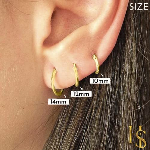 HIGHSPARK 925 Silver Hoop Earrings in Gold Finish | 92.5 Sterling Silver Round Classic Endless Hoops Sizes 10mm to 40mm | Lovely Gift for Men Women Boys & Girls - Gold 12mm