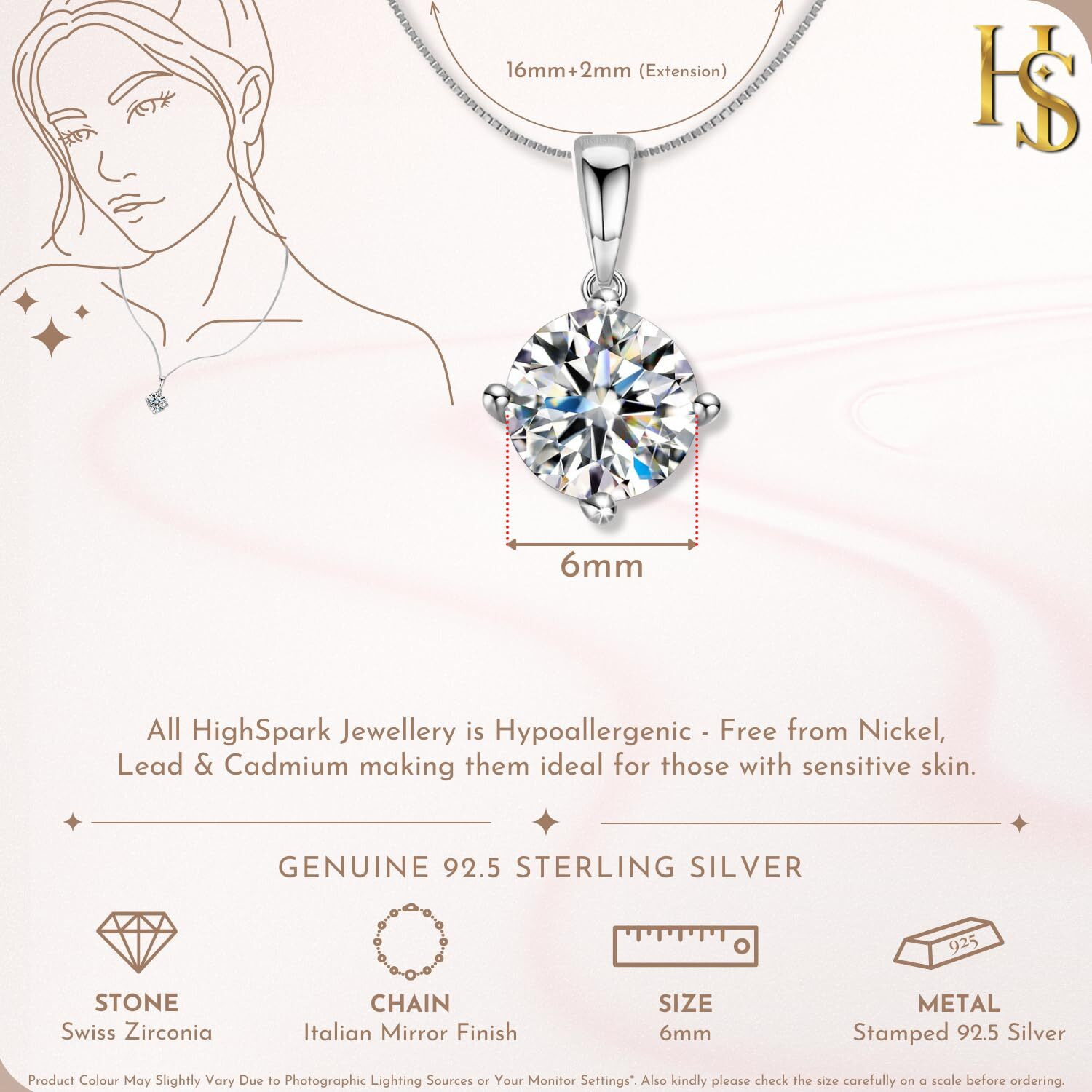 HighSpark 925 Silver Solitaire Pendant with Chain for Women | 92.5 Sterling Silver & Diamond like Brilliance Sparkling Zirconia for that Stunning Shine | Lovely Gift - Silver 6mm