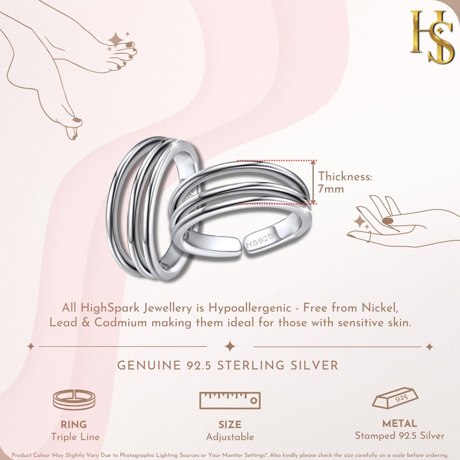 HighSpark Silver Triple Line Toe Rings for Women | 92.5 Sterling Silver Hypoallergenic Adjustable Toe Rings | Minimal & Elegant Designs - Triple Line - 1 Pair