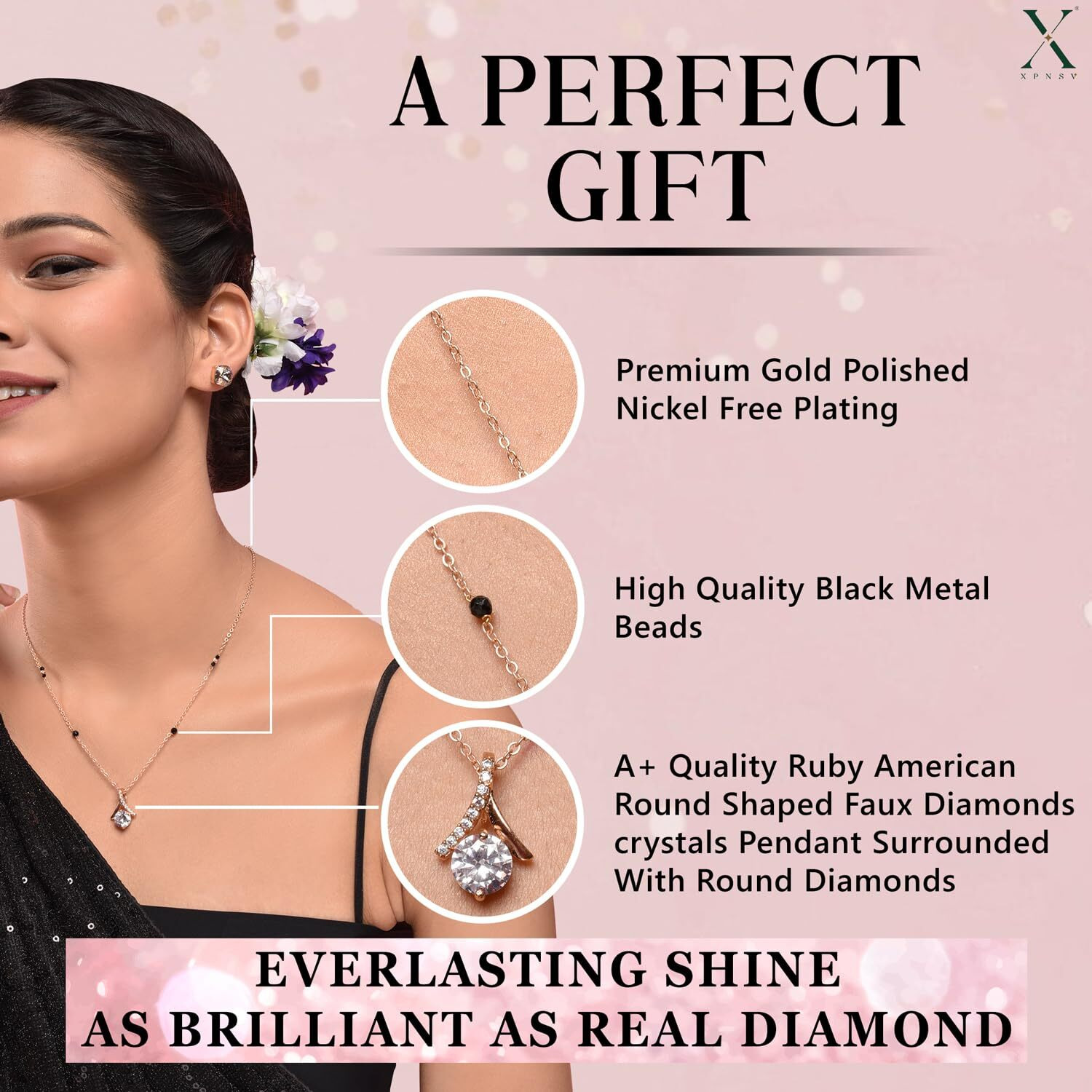 XPNSV Jewelry Luxury Pendant Gift Set Mangalsutra for Women, Girl & Her With American Diamond, Traditional Black Bead, Best Gifting Option in 9 Different Designs (Solitaire)