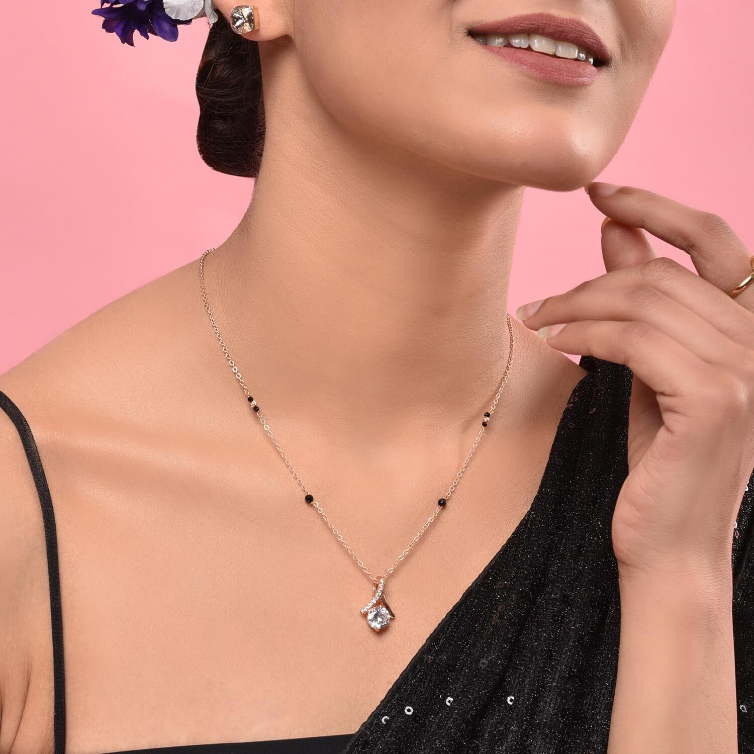 XPNSV Jewelry Luxury Pendant Gift Set Mangalsutra for Women, Girl & Her With American Diamond, Traditional Black Bead, Best Gifting Option in 9 Different Designs (Solitaire)