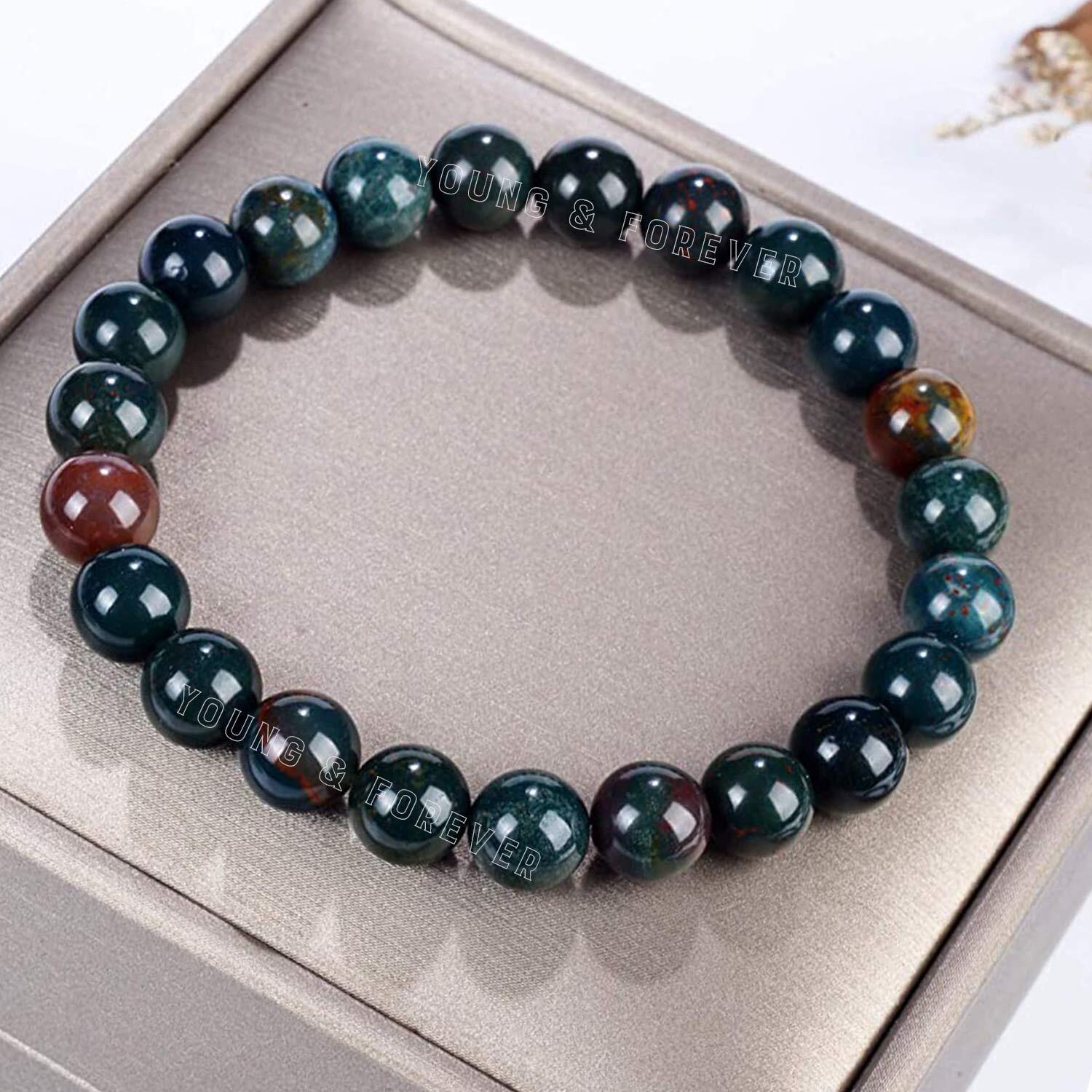 Young & Forever Gift Certified Reiki Crystal Semi Precious Gemstone Bloodstone Bracelet for Powerhouse Personality Energy Healing Stone Stretch Bracelet for Men and Women