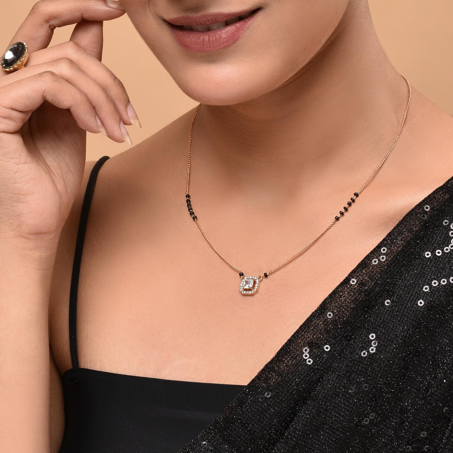 XPNSV Jewelry Luxury Pendant Gift Set Mangalsutra for Women, Girl & Her With American Diamond, Traditional Black Bead, Best Gifting Option in 9 Different Designs (Square Shaped)