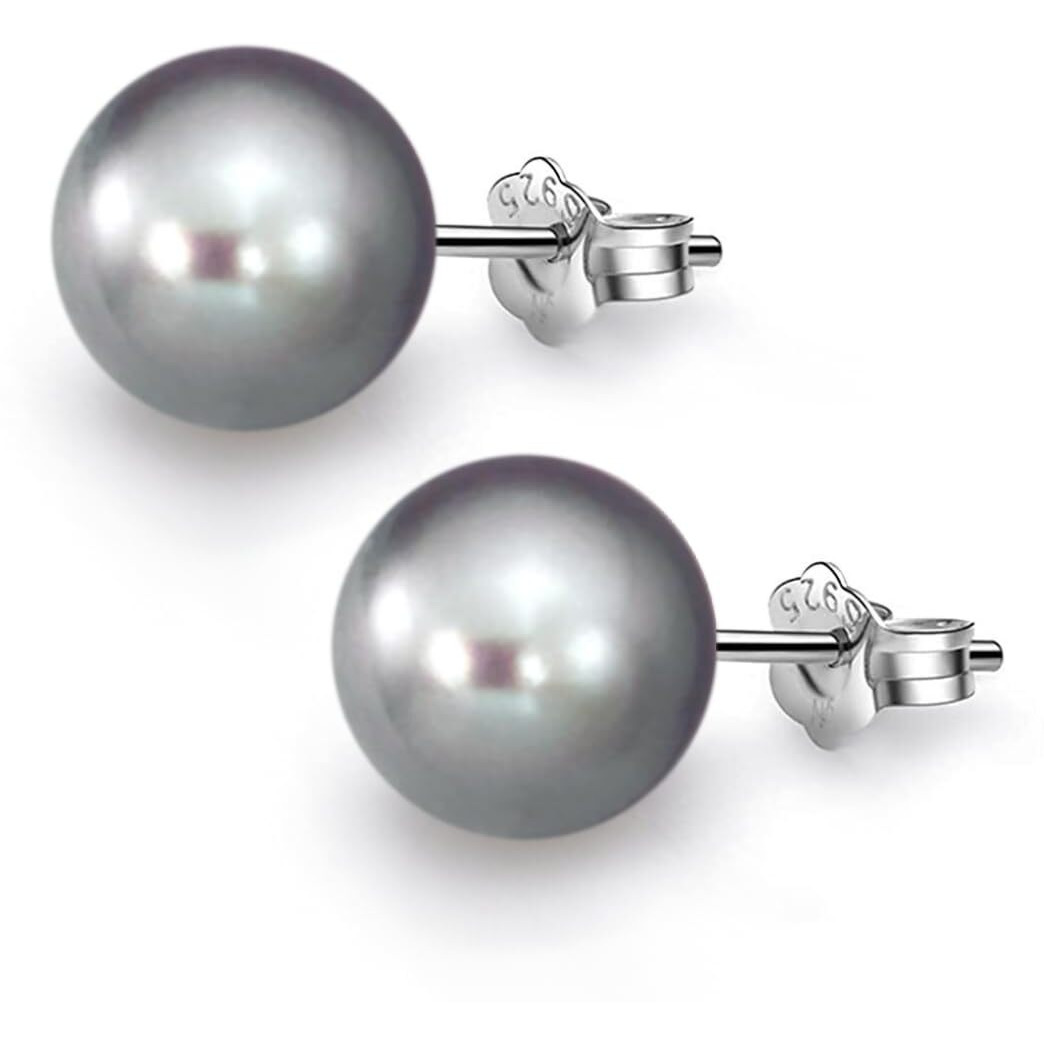 HIGHSPARK 925 Silver Classic Pearl Earrings for Women | 92.5 Sterling Silver & Brilliant Lustre Pearls | Lovely Gift for Women - Pearl Grey 10mm