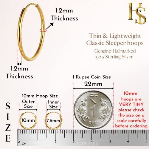 HIGHSPARK 925 Silver Hoop Earrings in Gold Finish | 92.5 Sterling Silver Round Classic Endless Hoops Sizes 10mm to 40mm | Lovely Gift for Men Women Boys & Girls - Gold 10mm