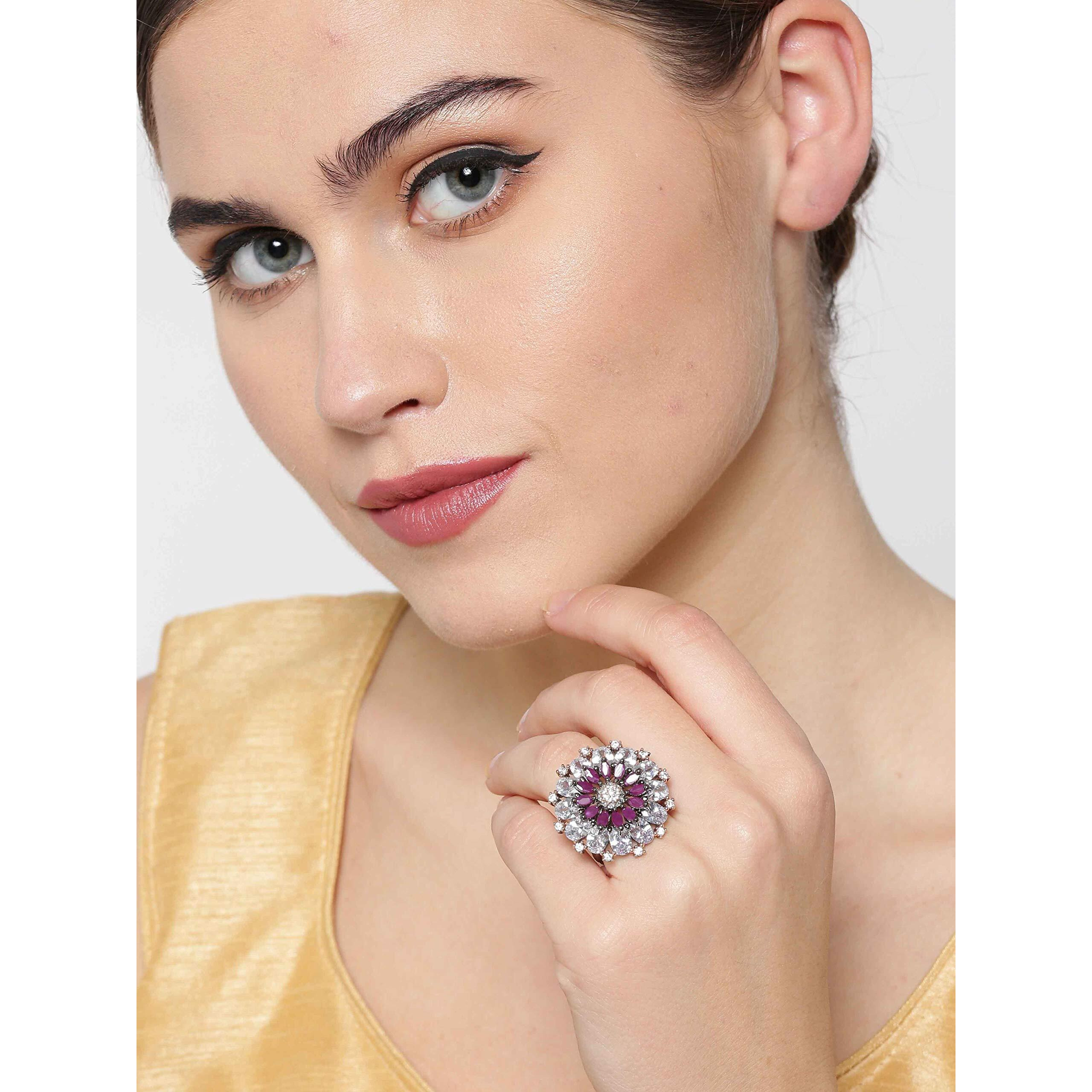 Priyaasi Trendy Purple & White American Diamond Ring for Women | Silver-Plated | Stone Studded | Oversized Floral Design | Adjustable Fit | Cocktail Ring for Girls