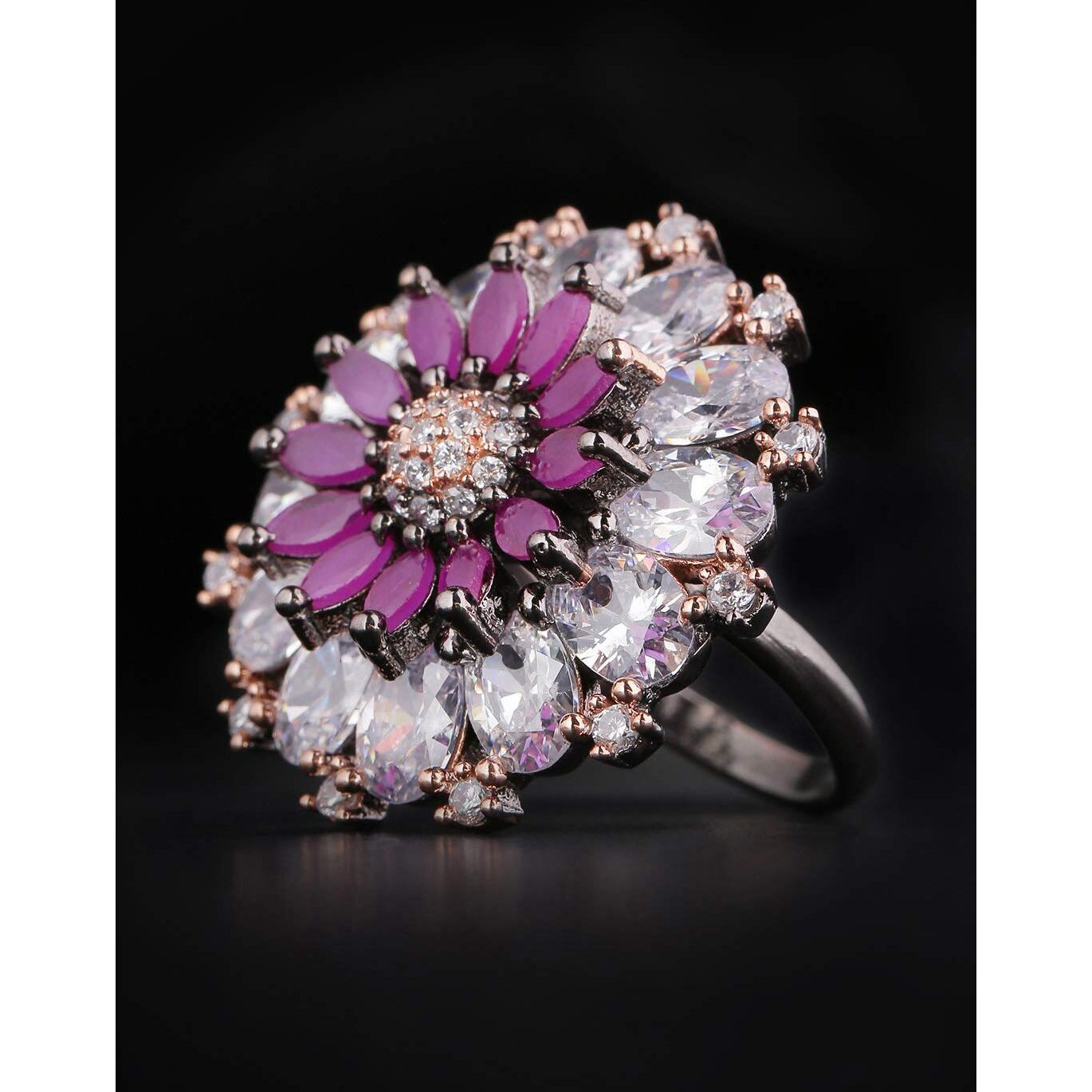 Priyaasi Trendy Purple & White American Diamond Ring for Women | Silver-Plated | Stone Studded | Oversized Floral Design | Adjustable Fit | Cocktail Ring for Girls