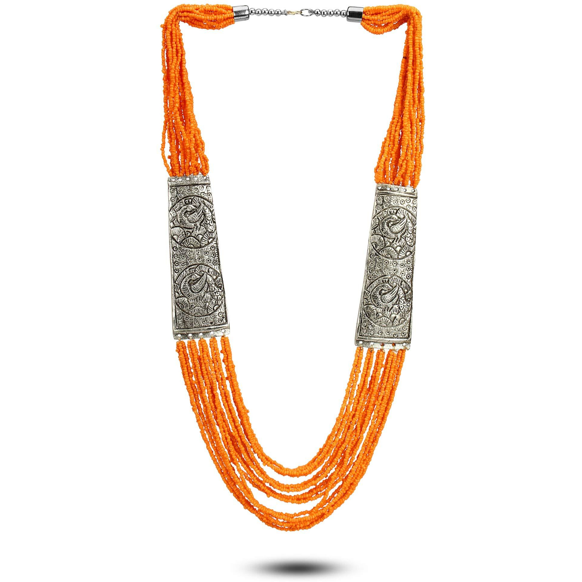 YouBella Fashion Jewellery Antique German Silver Oxidised Plated Tribal Cotton Thread Jewellery Necklace Earring Set for Women & Girls.(Valentine Gift Special). (Orange)