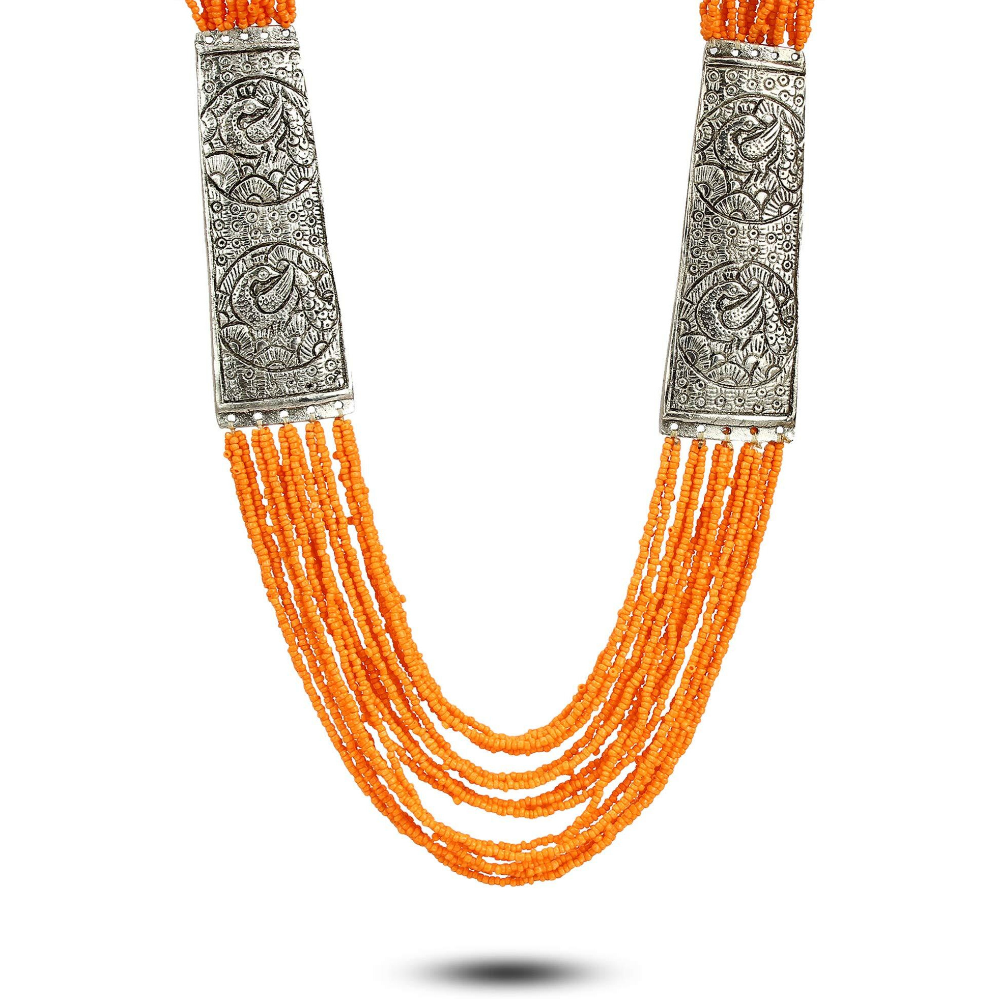 YouBella Fashion Jewellery Antique German Silver Oxidised Plated Tribal Cotton Thread Jewellery Necklace Earring Set for Women & Girls.(Valentine Gift Special). (Orange)