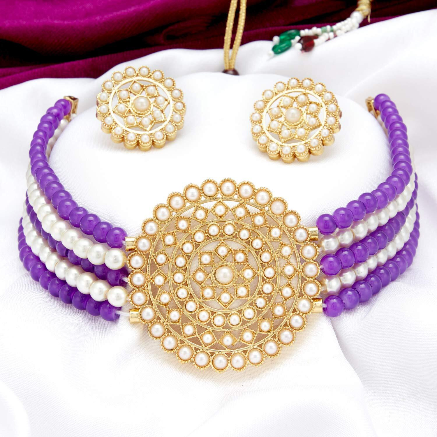 Sukkhi Adorable Gold Plated Purple & White Pearl Choker Necklace Set for Women (SKR70057), free size