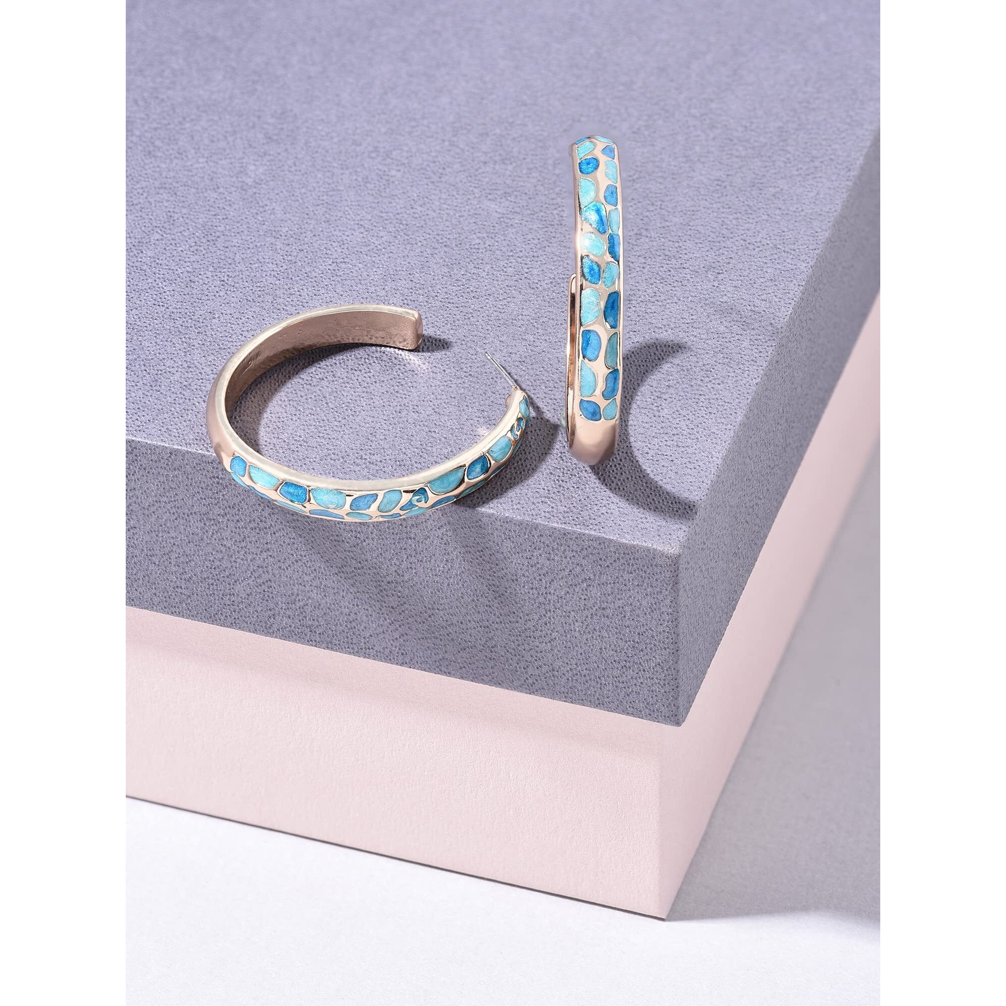 Zaveri Pearls Turquoise Blue Enamelled Contemporary Yellow Gold Semi Hoop Earring For Women-ZPFK14470