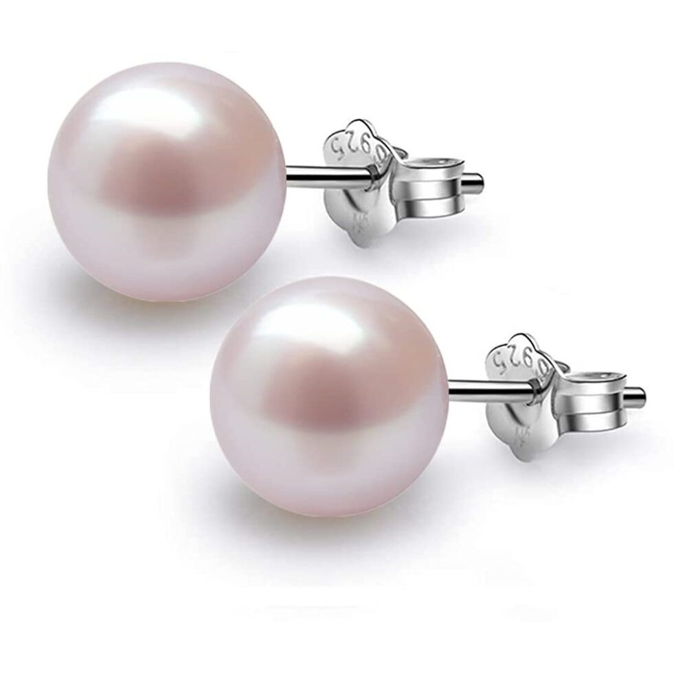 HIGHSPARK 925 Silver Classic Pearl Earrings for Women | 92.5 Sterling Silver & Brilliant Lustre Pearls | Lovely Gift for Women - Pearl Pink 8mm