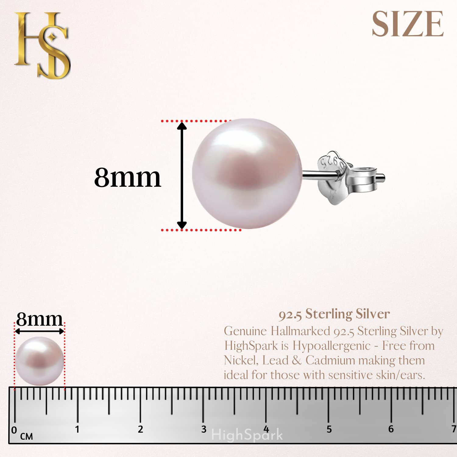 HIGHSPARK 925 Silver Classic Pearl Earrings for Women | 92.5 Sterling Silver & Brilliant Lustre Pearls | Lovely Gift for Women - Pearl Pink 8mm