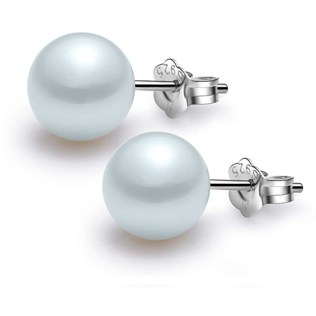 HIGHSPARK 925 Silver Classic Pearl Earrings for Women | 92.5 Sterling Silver & Brilliant Lustre Pearls | Lovely Gift for Women - Pearl Light Blue 8mm