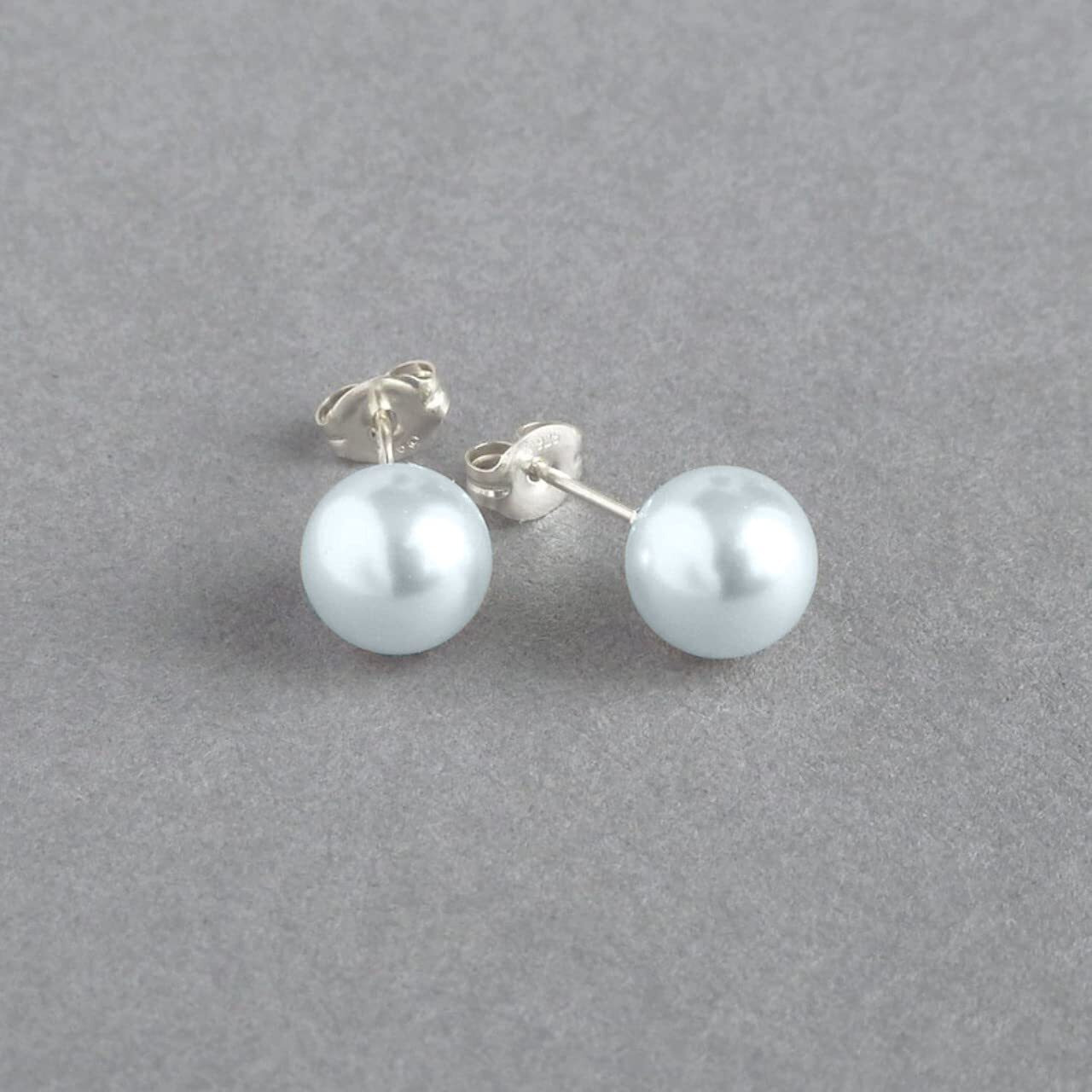 HIGHSPARK 925 Silver Classic Pearl Earrings for Women | 92.5 Sterling Silver & Brilliant Lustre Pearls | Lovely Gift for Women - Pearl Light Blue 8mm