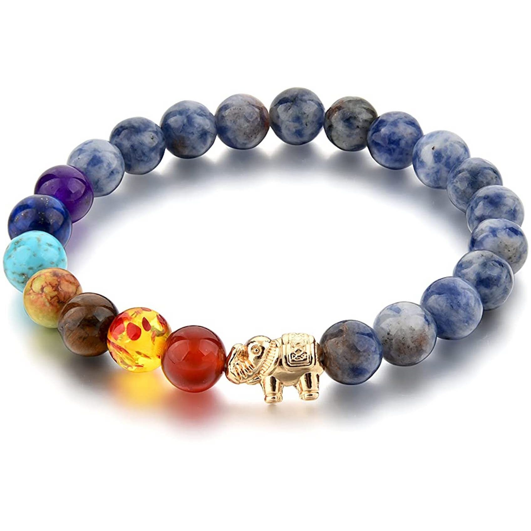 Hot And Bold 7 Chakra Triple Protection Bracelet Natural Stones With Certificate Of Authenticity For Unisex Adult (Sodalite Golden Elephant)