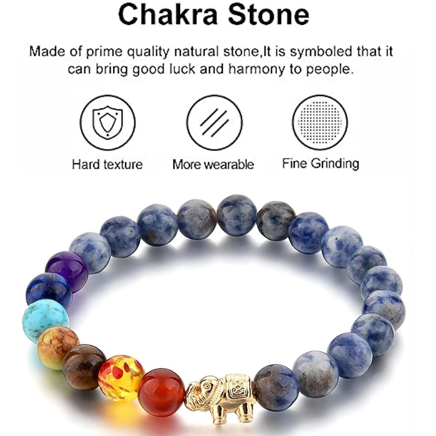 Hot And Bold 7 Chakra Triple Protection Bracelet Natural Stones With Certificate Of Authenticity For Unisex Adult (Sodalite Golden Elephant)