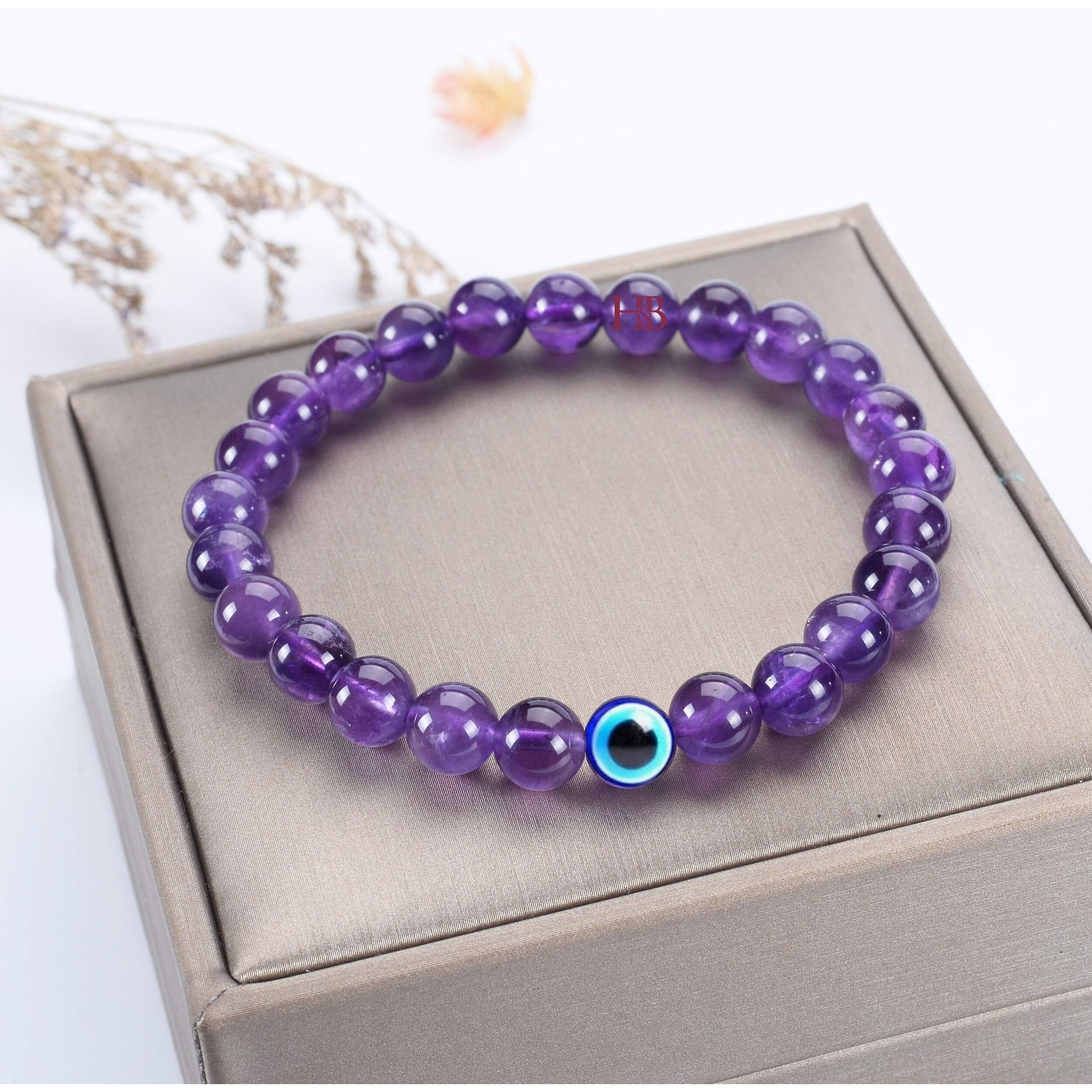 Natural Gemstones Reiki Healing Bracelet with Evil Eye Beads - Authentic Certified Healing Stone Jewelry (Amethyst Quartz Serenity Bracelet)