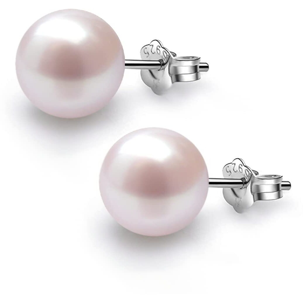 HIGHSPARK 925 Silver Classic Pearl Earrings for Women | 92.5 Sterling Silver & Brilliant Lustre Pearls | Lovely Gift for Women - Pearl Pink 10mm