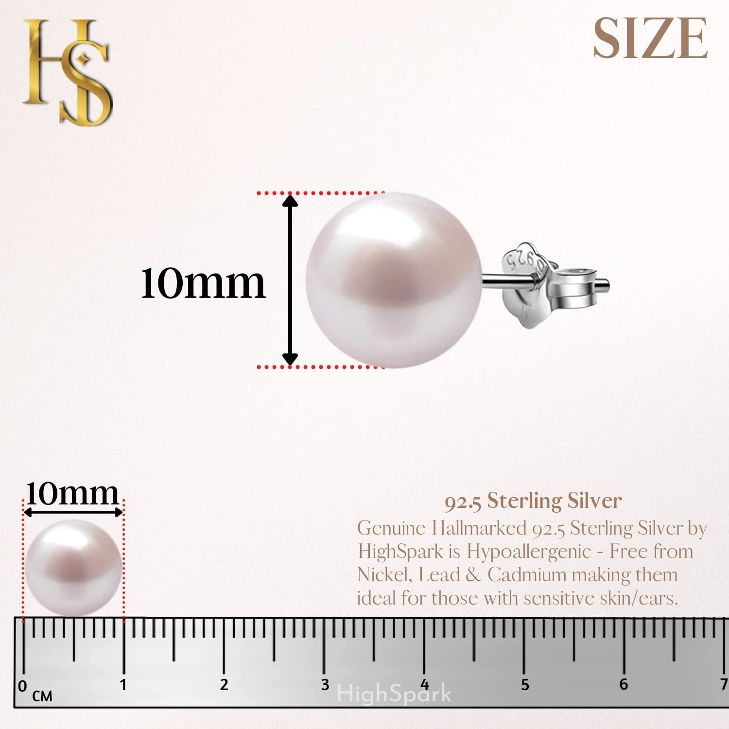 HIGHSPARK 925 Silver Classic Pearl Earrings for Women | 92.5 Sterling Silver & Brilliant Lustre Pearls | Lovely Gift for Women - Pearl Pink 10mm