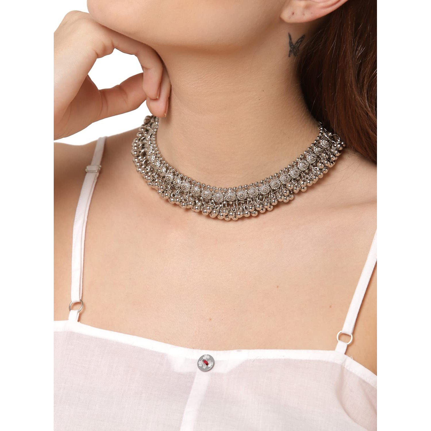 Shining Diva Fashion Latest Traditional Boho Design Oxidised Silver Non Precious Base Metal Cubic Zirconia Choker Necklace for Girls (12134np)