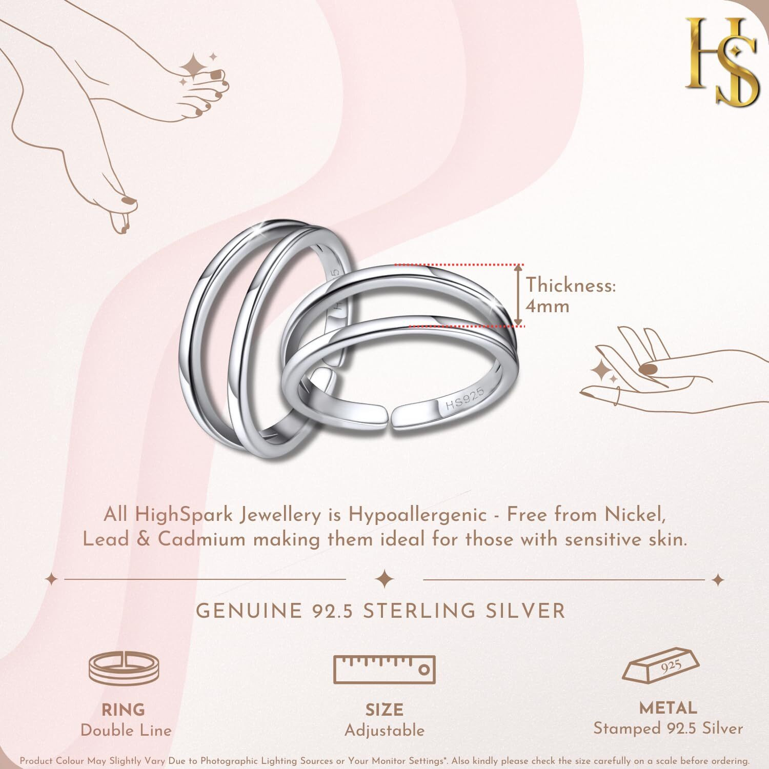 HighSpark Double Line Silver Toe Rings for Women | 92.5 Sterling Silver Hypoallergenic Adjustable Toe Rings | Minimal & Elegant Designs - Double Line - 1 Pair