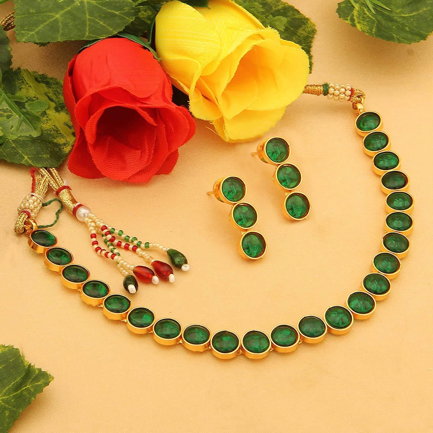 Peora Gold Plated Green Choker Necklace with Drop Earrings Traditional Jewellery Set for Women Girls|Rakhi Rakshabandhan Gift for Sister Bhabhi, Gifts for Women