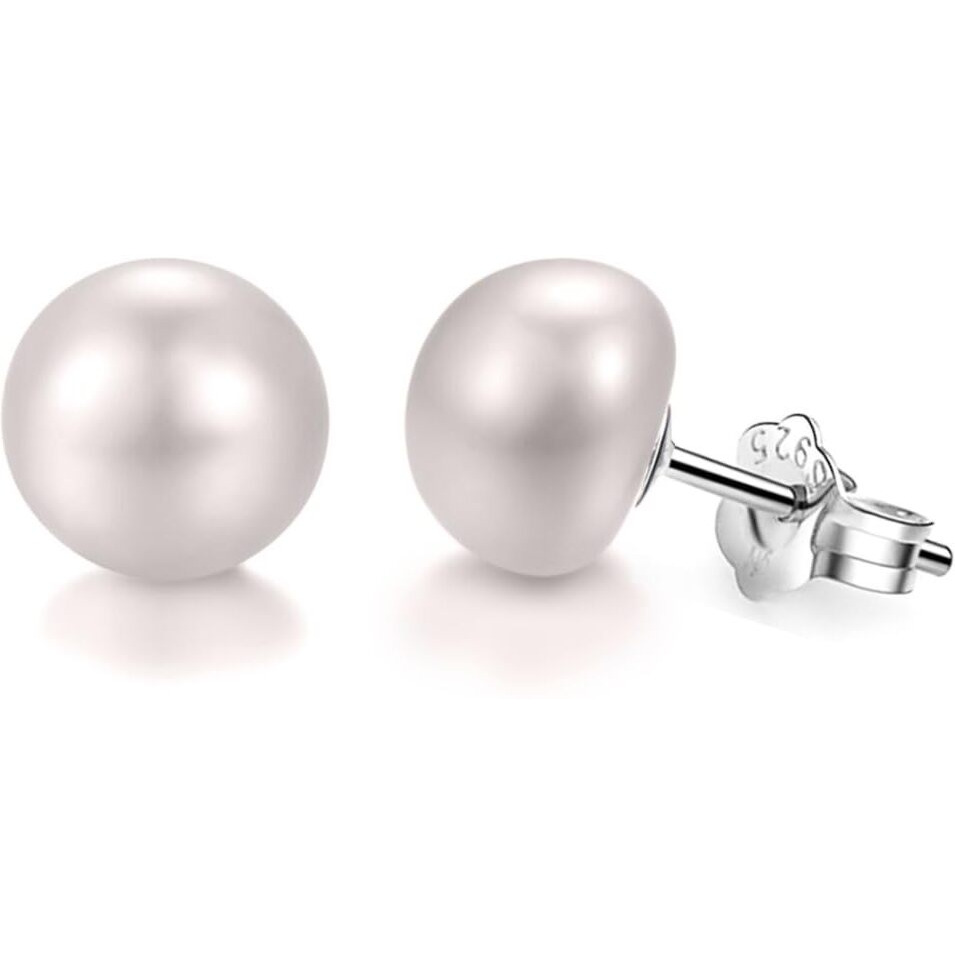 HIGHSPARK 925 Silver Pearl Earrings for Women | 92.5 Sterling Silver & Brilliant Lustre Freshwater Button Pearls | Lovely Gift | Pearl 5mm