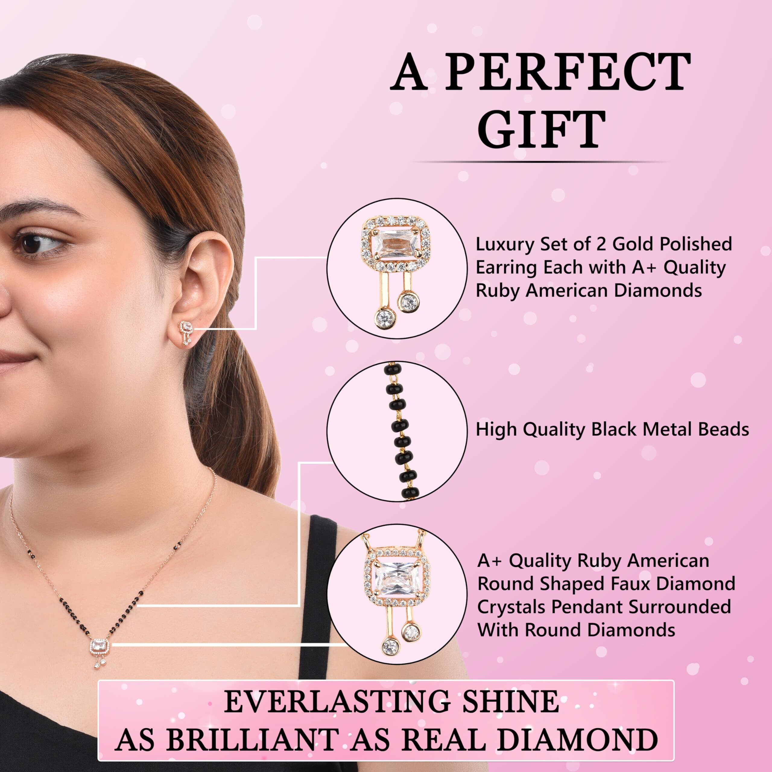 XPNSV Luxury Jewelry Gold Plated Pendant Gift Set Mangalsutra for Women, Girl & Her (Princess Cut Droplet American Diamond Mangalsutra With Earrings)