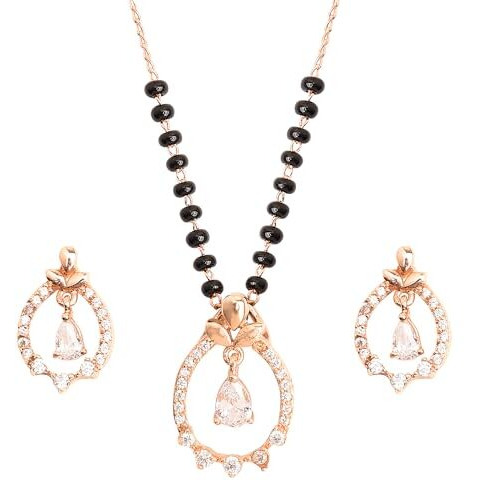 XPNSV Luxury Jewelry Gold Plated Pendant Gift Set Mangalsutra with Earring for Women, Girl & Her With American Diamond, Traditional Black Beads (Sparkle Droplet)