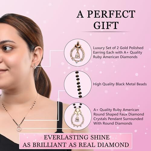 XPNSV Luxury Jewelry Gold Plated Pendant Gift Set Mangalsutra with Earring for Women, Girl & Her With American Diamond, Traditional Black Beads (Sparkle Droplet)