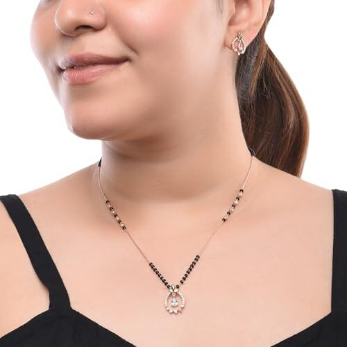 XPNSV Luxury Jewelry Gold Plated Pendant Gift Set Mangalsutra with Earring for Women, Girl & Her With American Diamond, Traditional Black Beads (Sparkle Droplet)