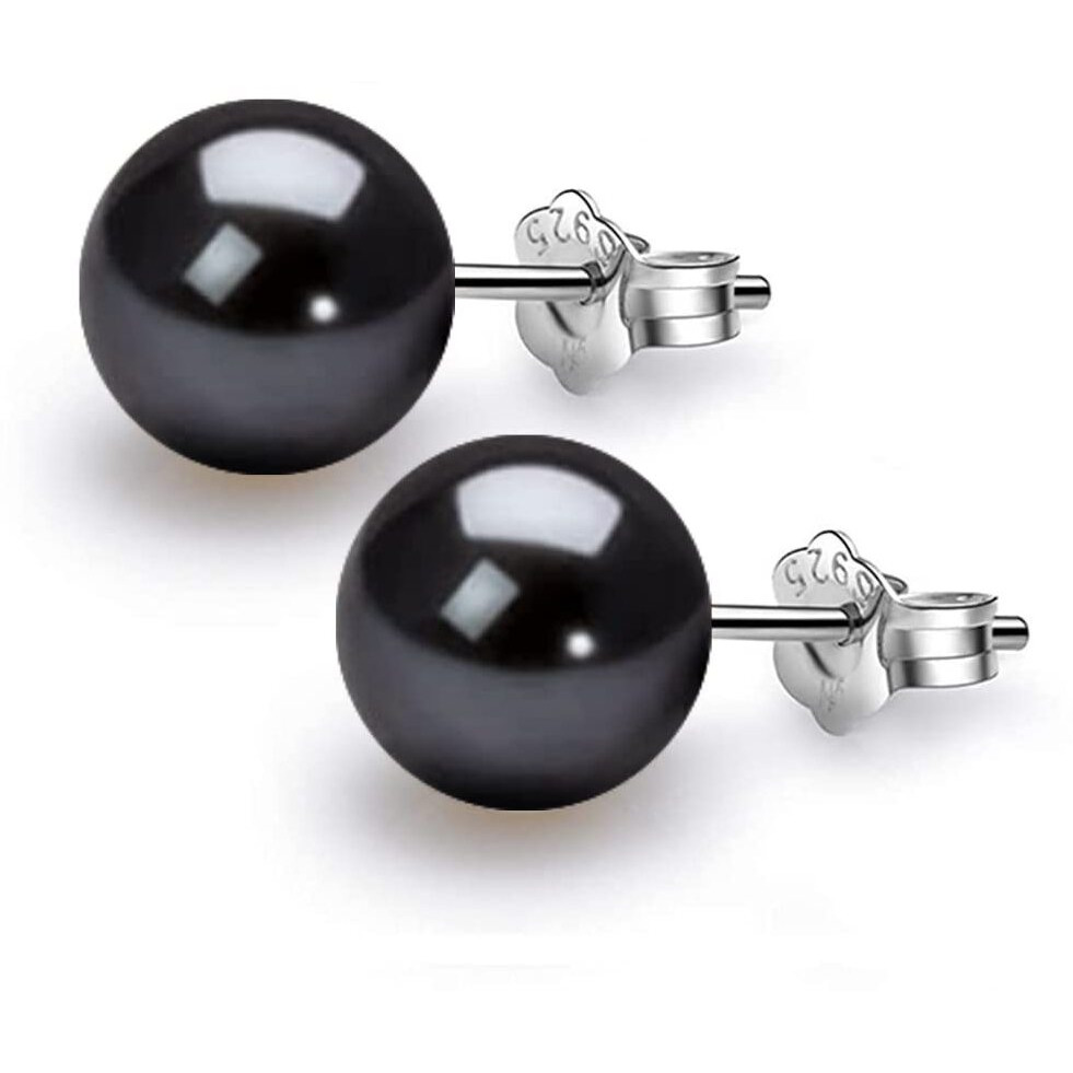 HIGHSPARK 925 Silver Classic Pearl Earrings for Women | 92.5 Sterling Silver & Brilliant Lustre Pearls | Lovely Gift for Women - Pearl Black 8mm