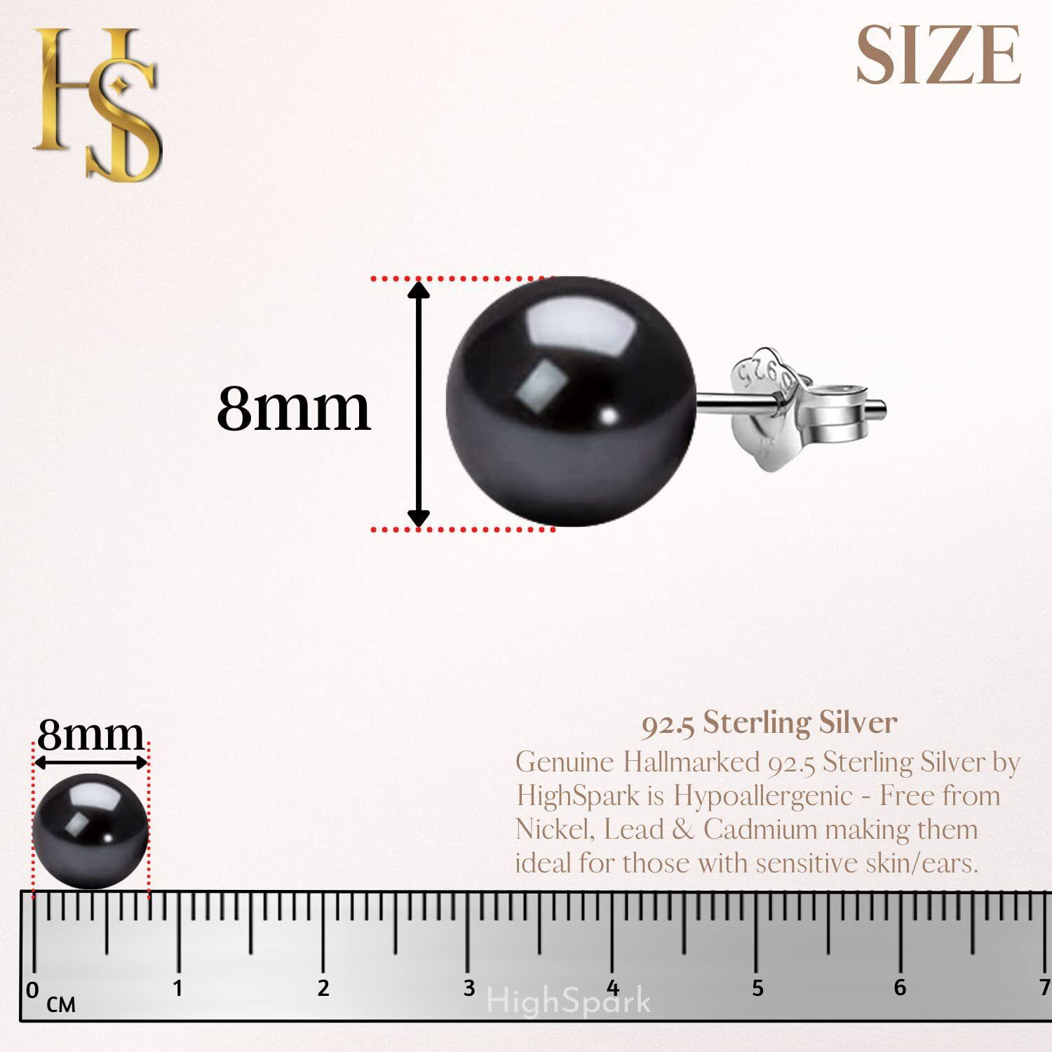 HIGHSPARK 925 Silver Classic Pearl Earrings for Women | 92.5 Sterling Silver & Brilliant Lustre Pearls | Lovely Gift for Women - Pearl Black 8mm