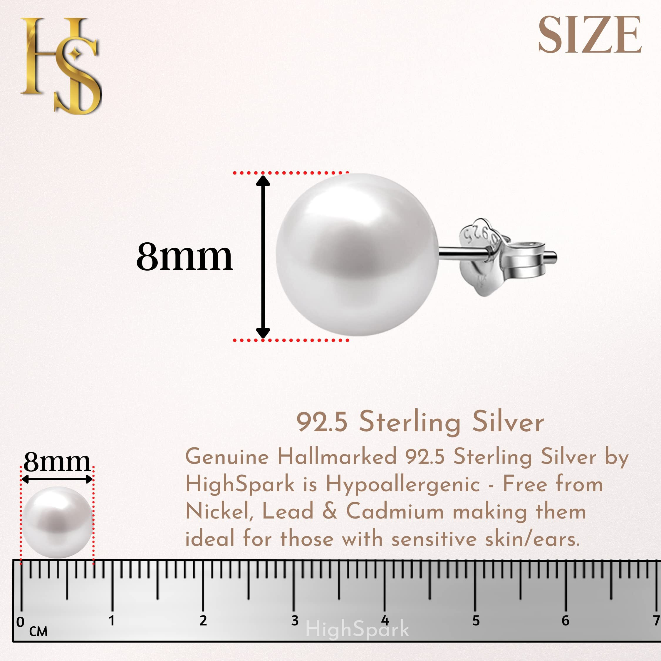 HIGHSPARK 925 Silver Classic Pearl Earrings for Women | 92.5 Sterling Silver & Brilliant Lustre Pearls | Lovely Gift for Women - Pearl White 8mm