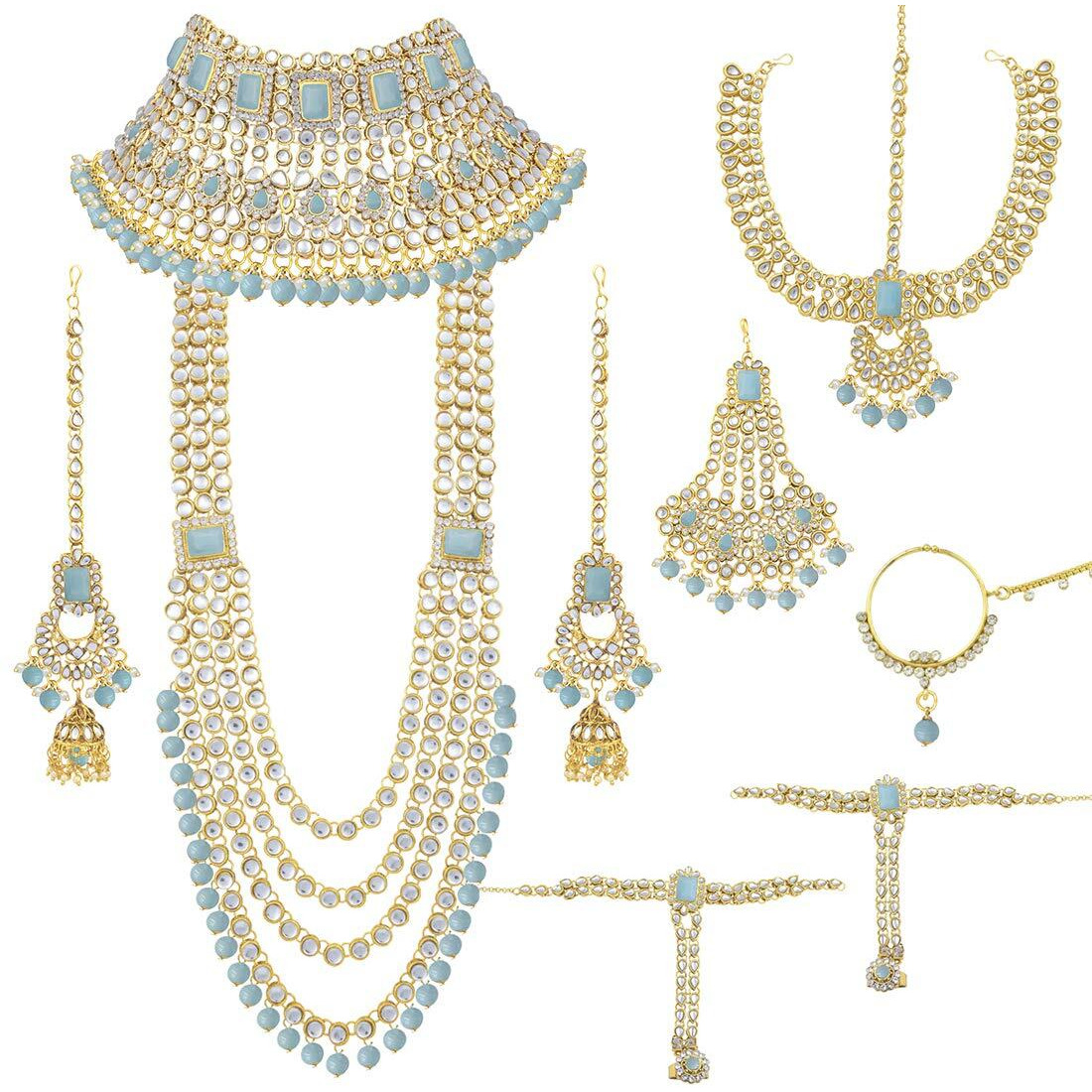 Peora Ethnic Indian Traditional Gold Plated Kundan Dulhan Bridal Jewellery Set with Choker Earrings Maang Tikka Hathphool for Women (Sky Blue)