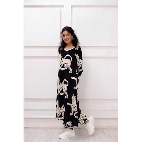 ANNI DESIGNER Women's Cotton Blend Printed Straight Kurta with Pant (Lanka Black_2306 XX-Large)
