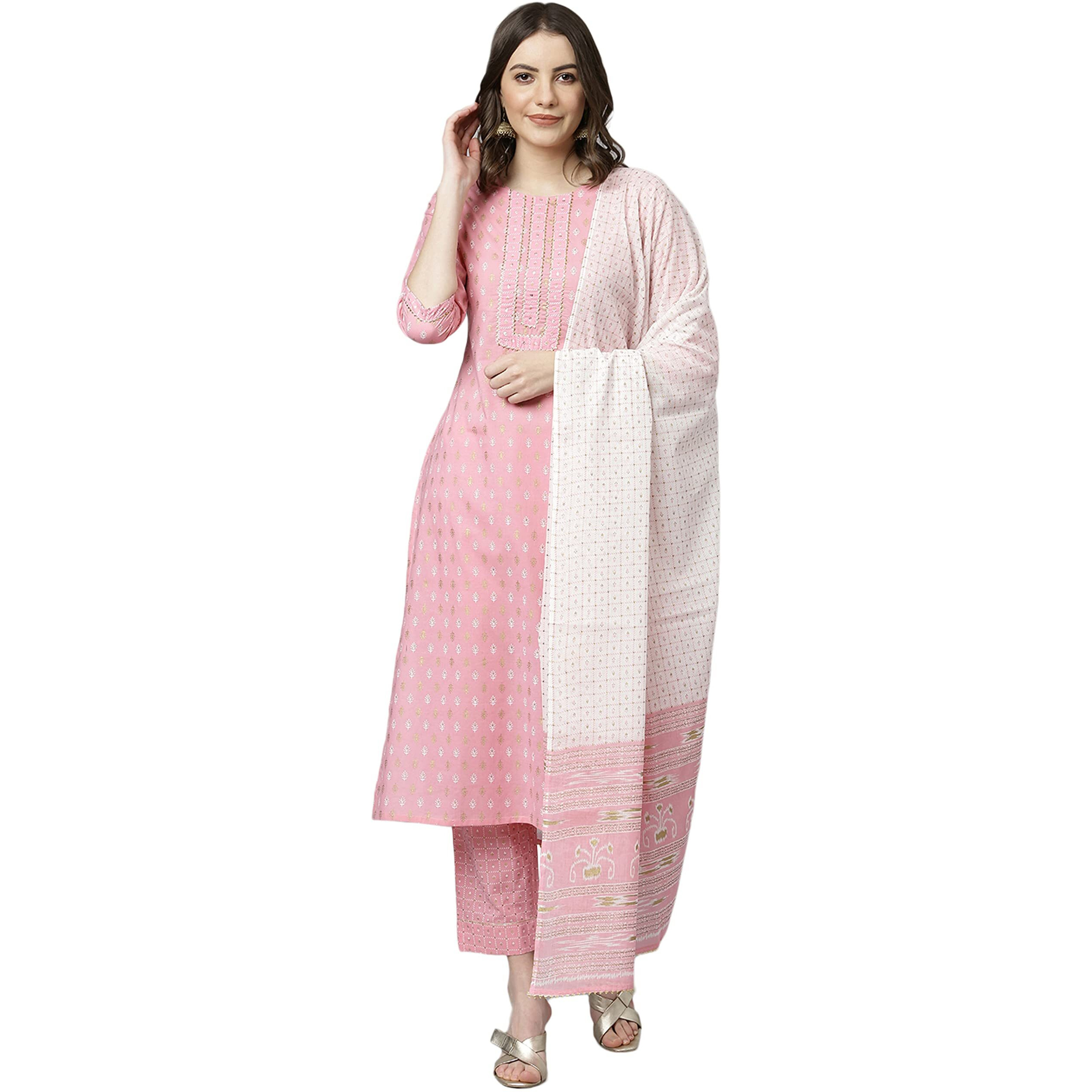 Janasya Women's Light Pink Cotton Kurta with Pant and Dupatta (SET369-KR-NP-XXL)