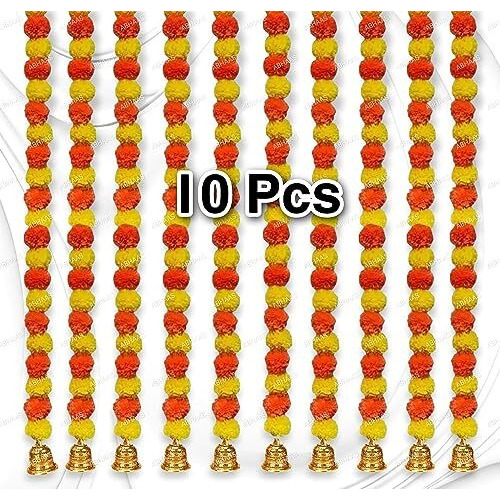 Abhaas 10 Pcs Handmade Artificial Marigold Flowers Garland For Decoration Door Toran Genda Phool For Diwali Wedding/Festivals With Bells (Yellow+Orange Marigold+Bells/ 10Pc), 152 Centimeters