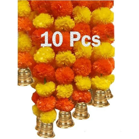 Abhaas 10 Pcs Handmade Artificial Marigold Flowers Garland For Decoration Door Toran Genda Phool For Diwali Wedding/Festivals With Bells (Yellow+Orange Marigold+Bells/ 10Pc), 152 Centimeters